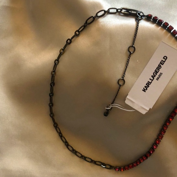 Karl Lagerfeld Hematite Tone Link & Rose Crystal Cup Chain Collar Necklace NWT - Picture 7 of 13